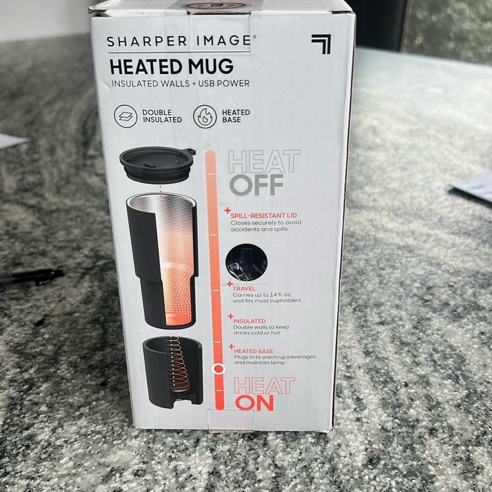 Sharper Image USB Powered Heated Mug 14fl oz Double Insulated, Heated Base, Lid